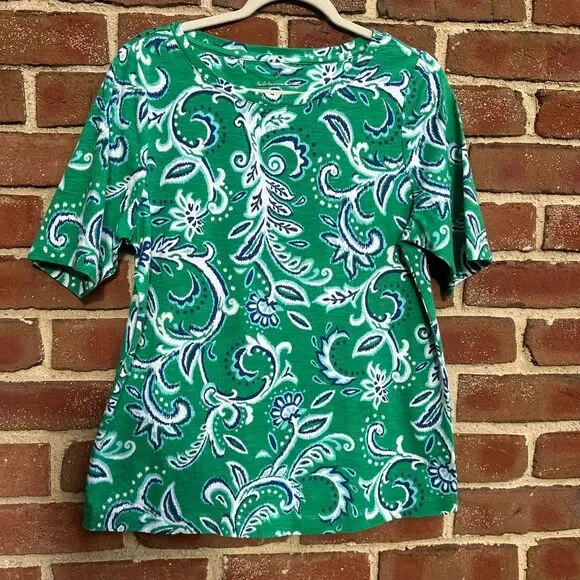 Soft Surroundings $79 Ikat Paisley Tee Green Supima Slub Elbow Sleeve Top L NEW - Picture 2 of 4